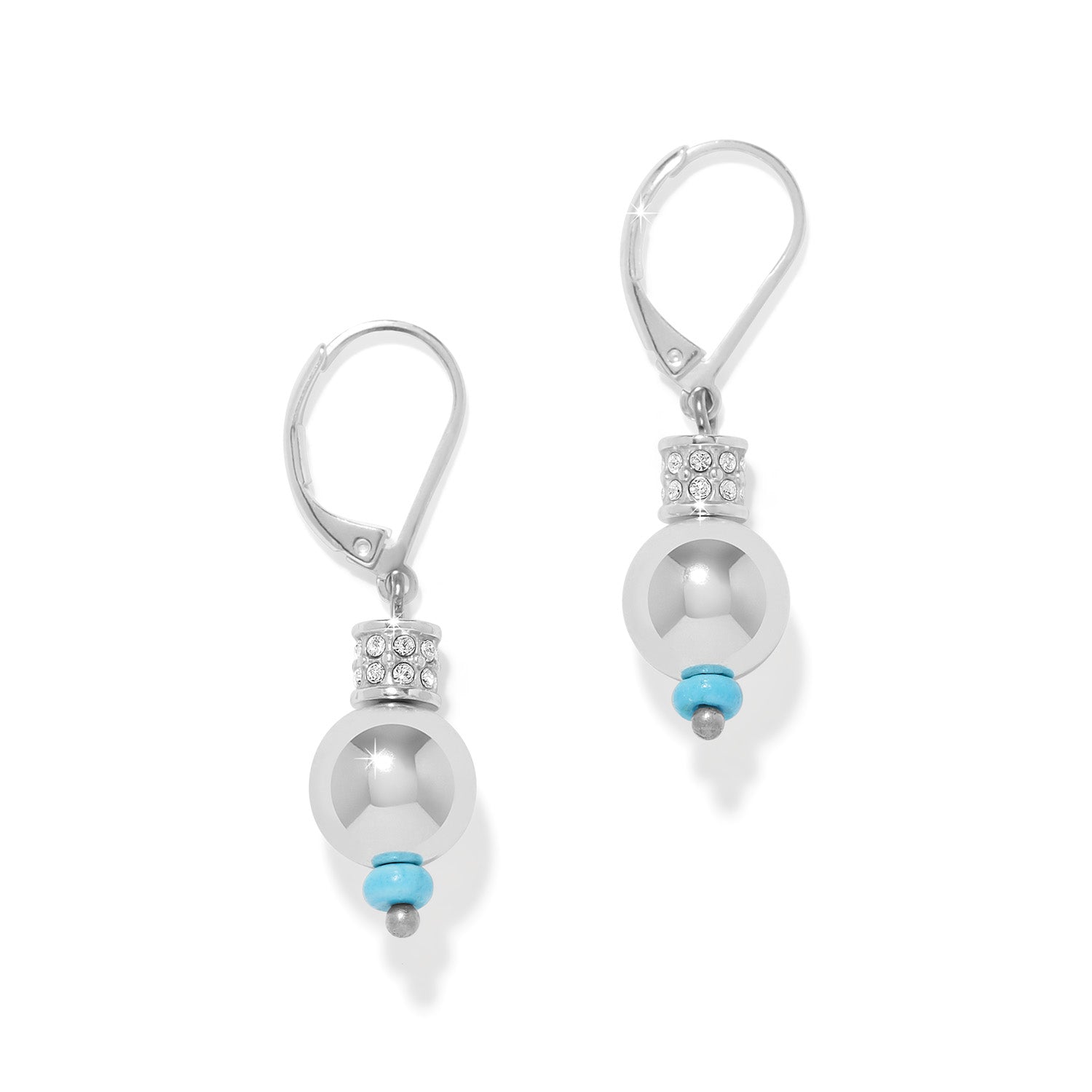 Silver-plated French wire leverback earrings featuring turquoise beads and fine quality crystal in a petite sphere silhouette.