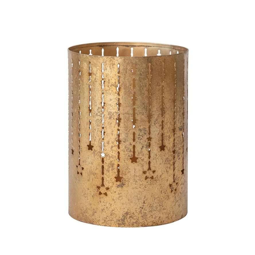 Large tealight holder with textured metal finish, cut-out patterns, and open silhouette