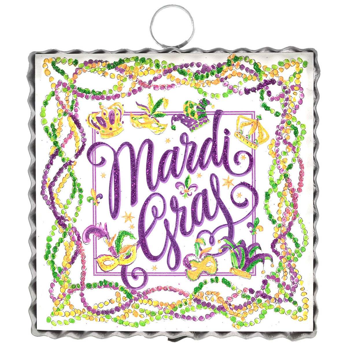 Mini Beck's Mardi Gras hanging decoration featuring a festive mask with purple, green, and gold colors.