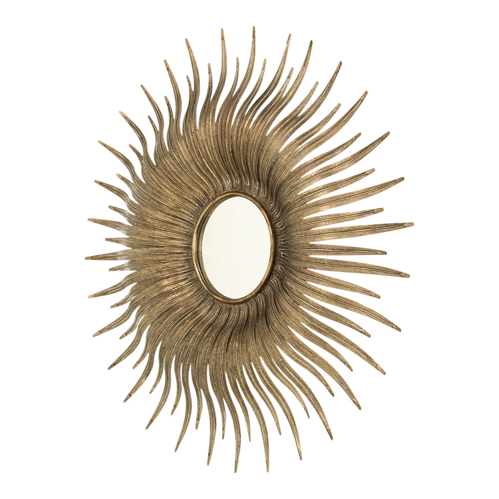 Round gold sunburst mirror with iron frame featuring radiating spikes