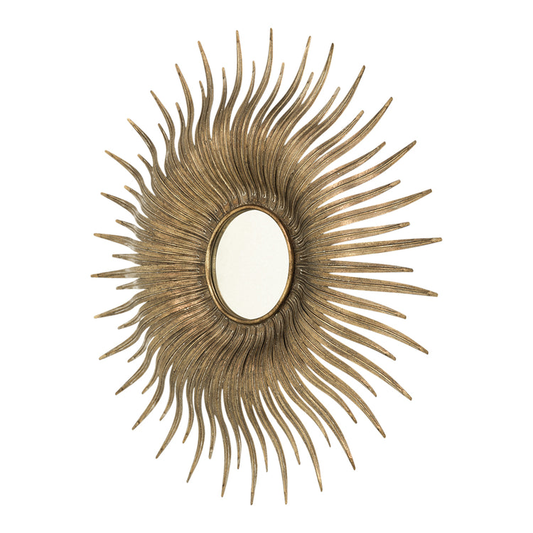 Round gold sunburst mirror with iron frame featuring radiating spikes