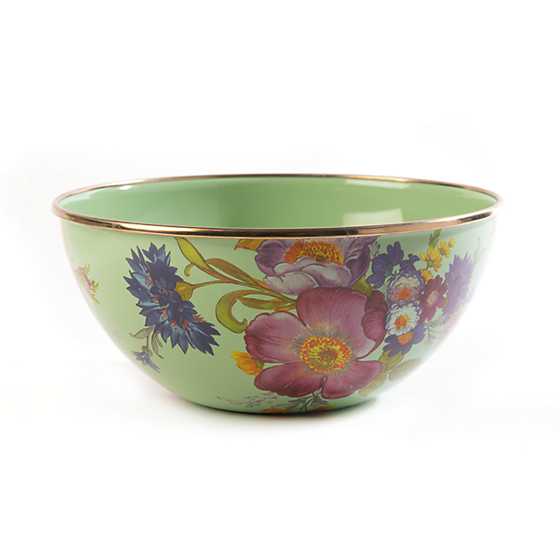 Green Flower Market Small Everyday Bowl with floral botanical transfers and bronzed steel rim.