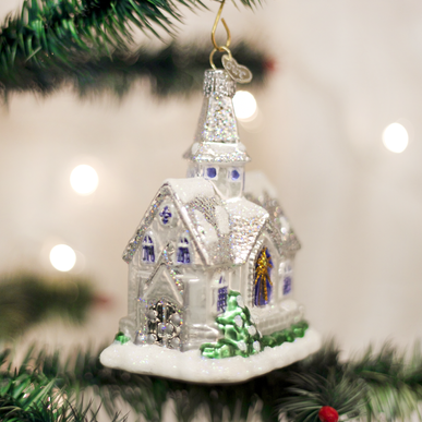 Sparkling Cathedral ornament in clear glass with a detailed church spire silhouette.