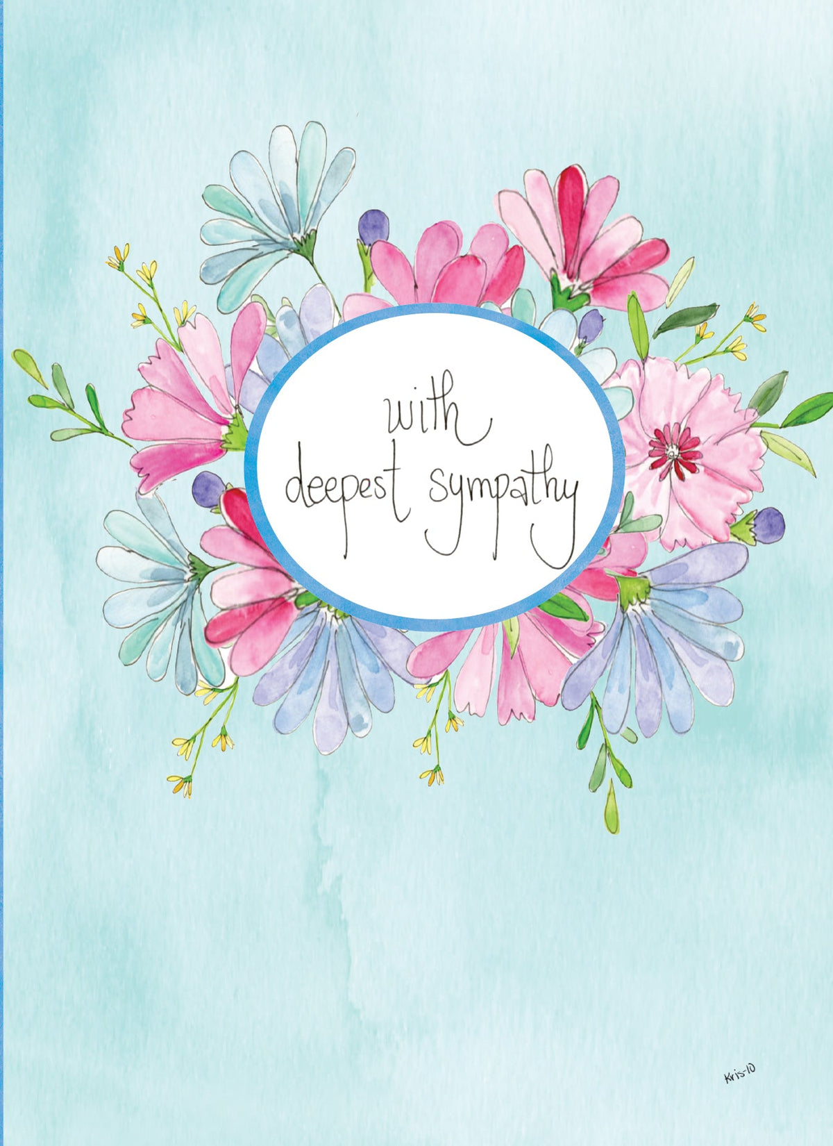 Watercolor sympathy card with pink and blue flowers surrounding the text 'with deepest sympathy'.