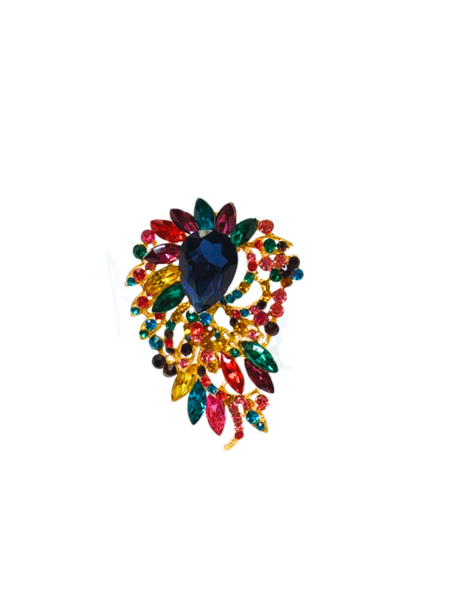 Gold-tone statement brooch featuring a large blue teardrop gem surrounded by multi-colored stones.