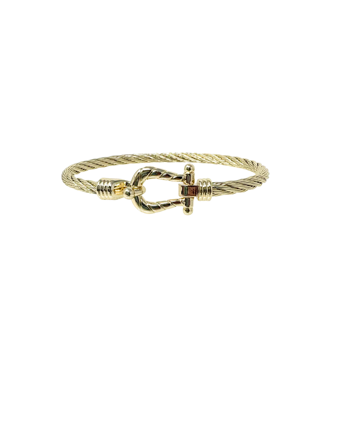 Gold twisted cable bangle bracelet with a horseshoe-style shackle clasp.