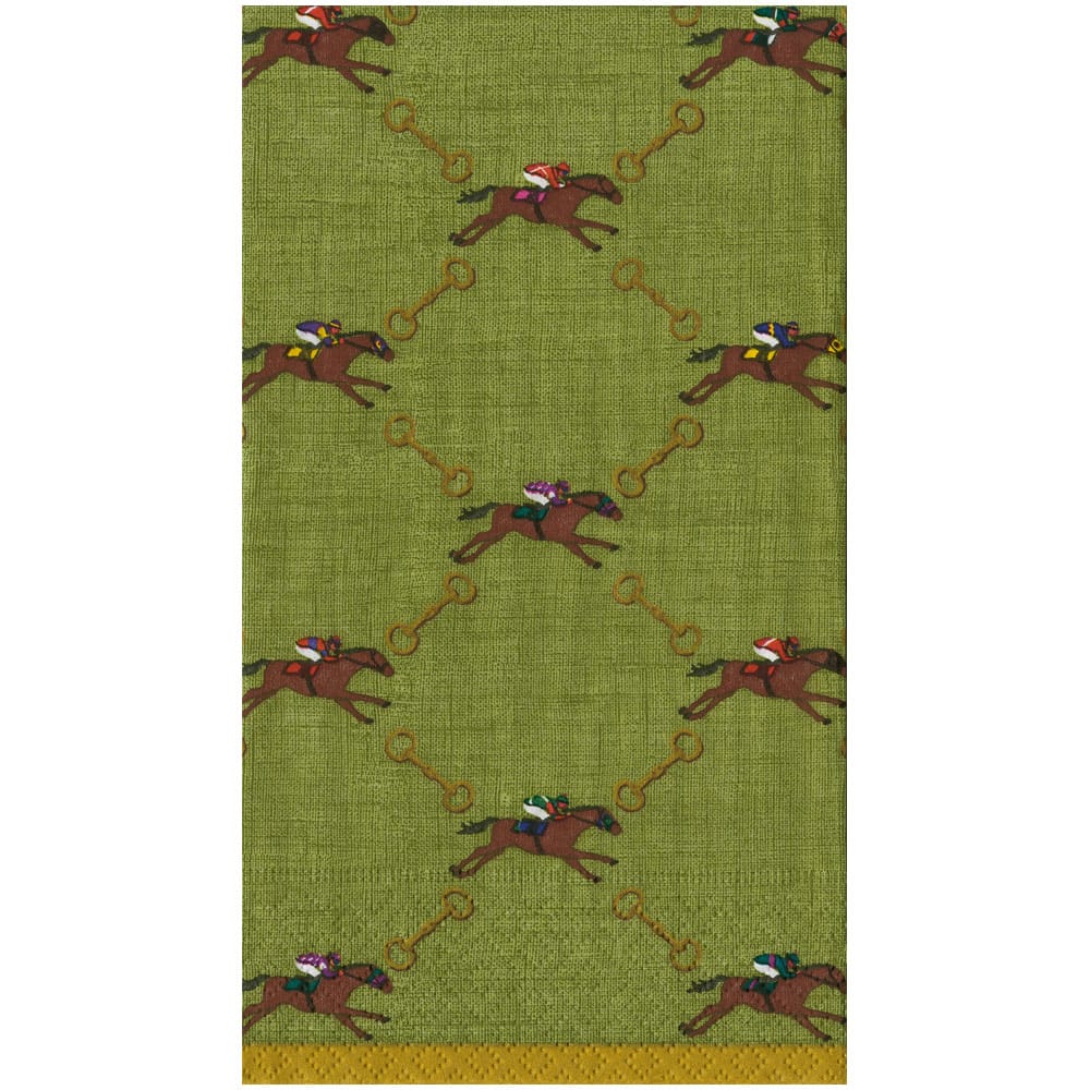 Sage green guest towel featuring a pattern of galloping racehorses and golden snaffle bits.