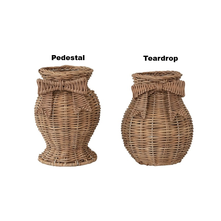 Two hand-woven rattan vases with bows, labeled Pedestal and Teardrop styles.