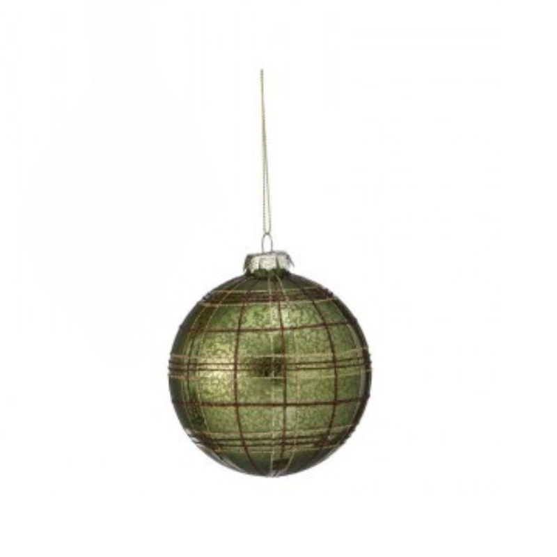 Green glass ball ornament with a gold and red glitter plaid pattern and a silver hanging cap.
