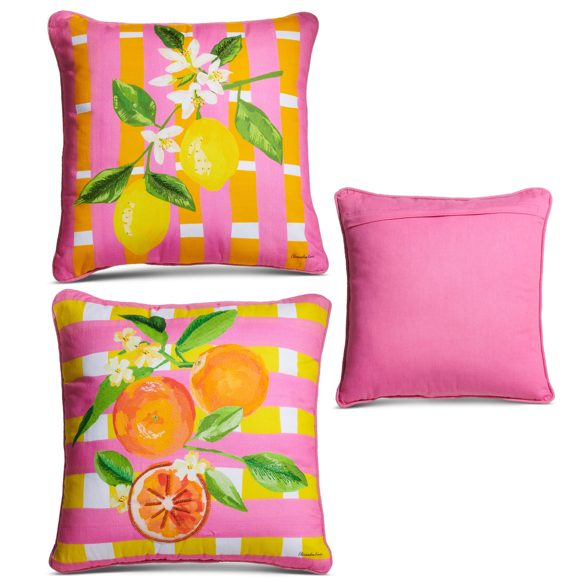 Square citrus-colored cotton pillow with woven texture