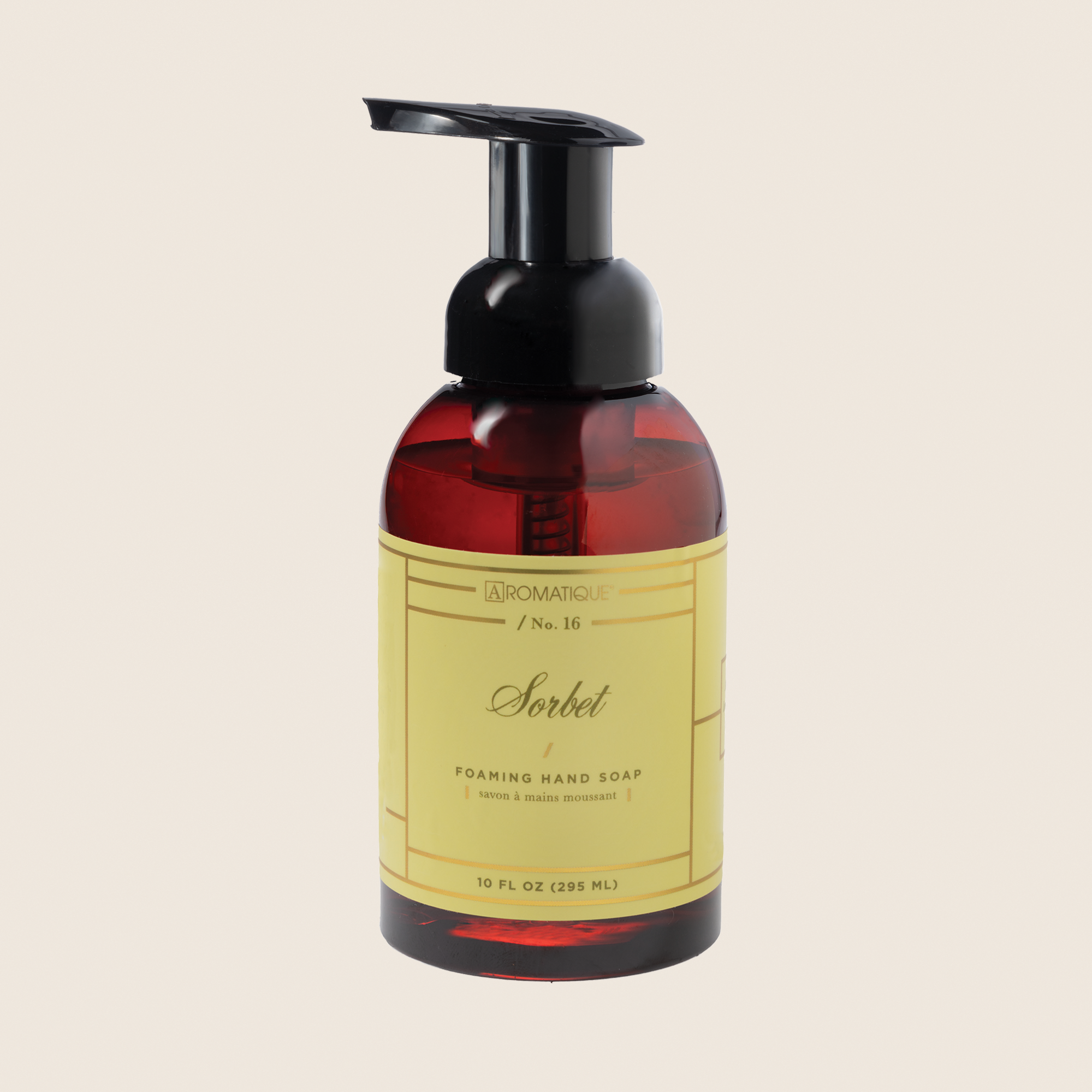 Aromatique Sorbet Foaming Hand Soap in a 10 fl oz brown bottle with a black pump dispenser.
