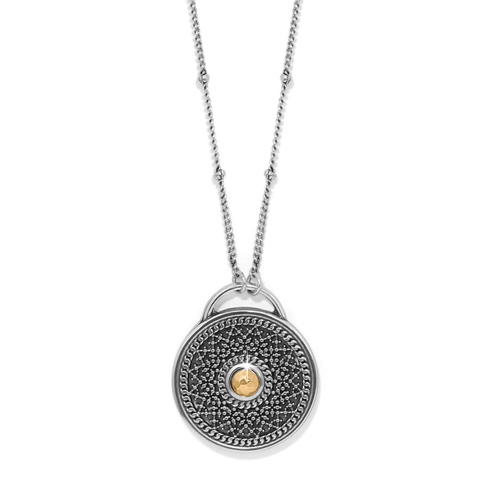 Two-tone silver-gold Ferrara Segreta medallion necklace with lobster claw closure and one-inch pendant drop