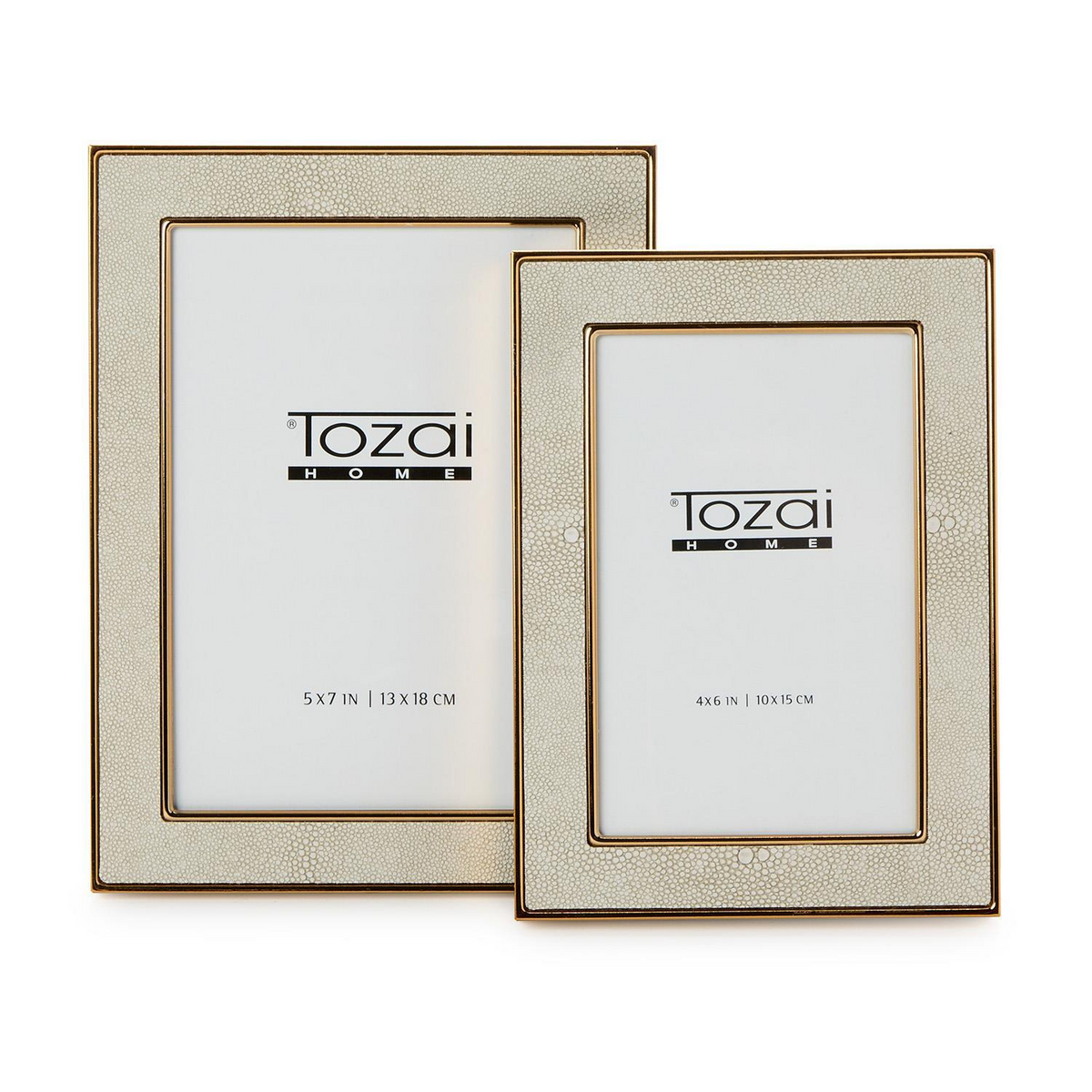 Cream faux shagreen photo frames with gold steel trim, available in 5x7 and 4x6 sizes.