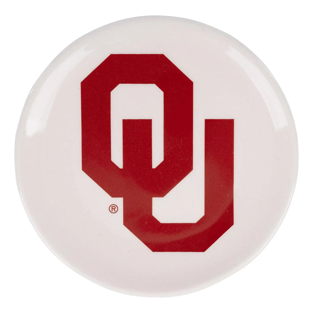 Round white Oklahoma OU trinket tray featuring the crimson interlocking OU logo in the center.