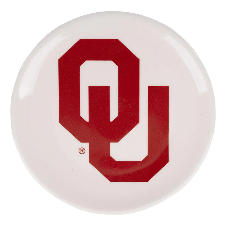 Round white Oklahoma OU trinket tray featuring the crimson interlocking OU logo in the center.