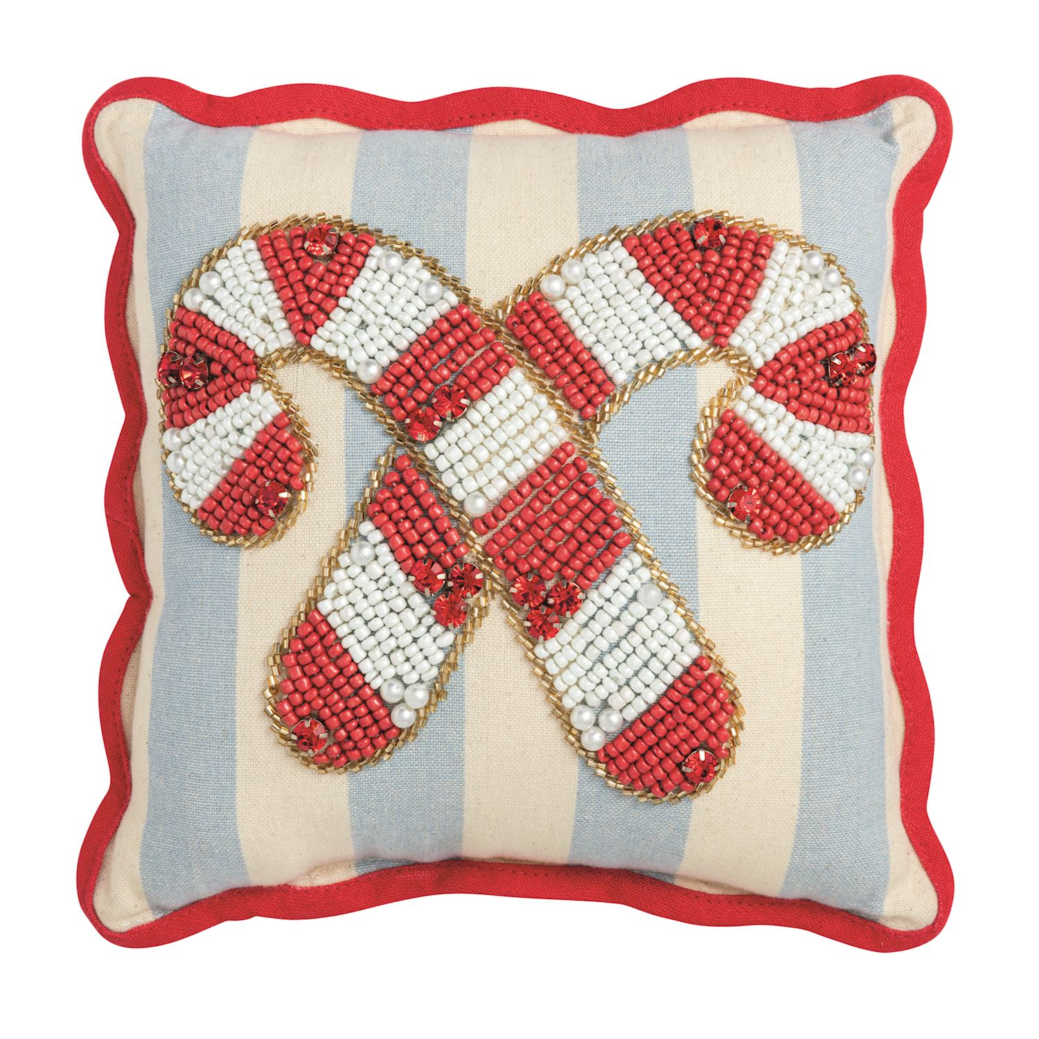 Candy Canes Mini Beaded Pillow with red and white beaded candy canes on a blue striped background.