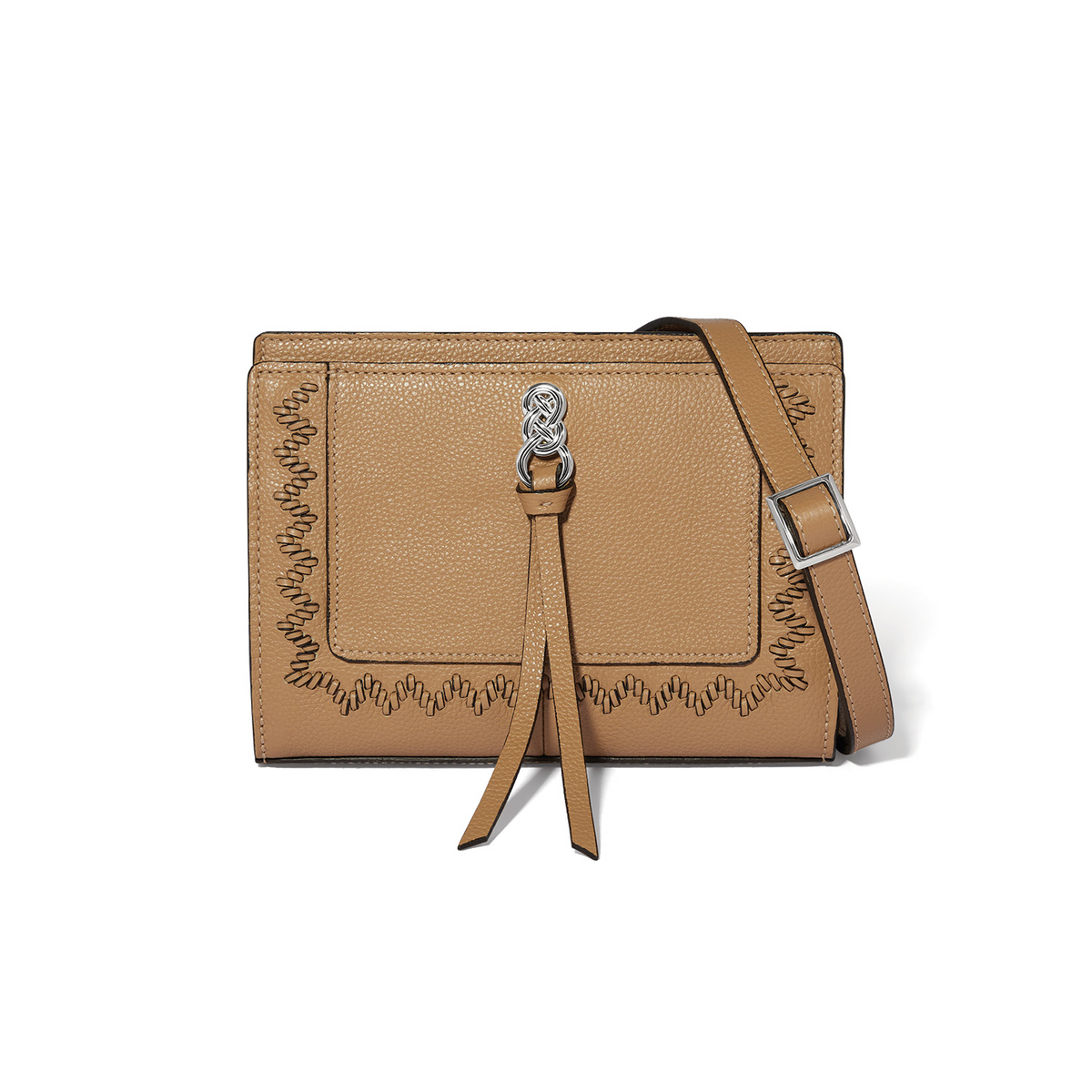 Interlok Adria Small Organizer in Cappuccino pebbled leather with silver hardware and tassel detail.