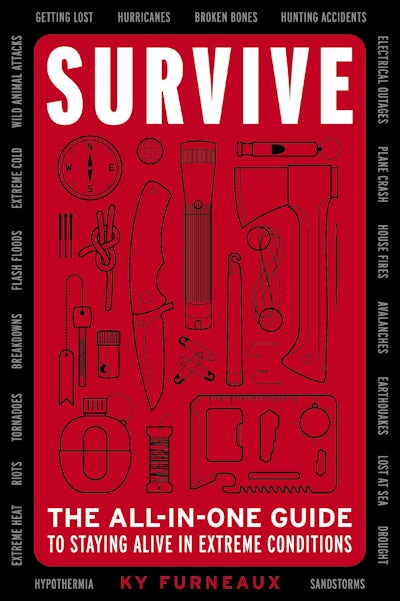 Book cover for Survive: The All-In-One Guide by Ky Furneaux featuring red and black survival icons.