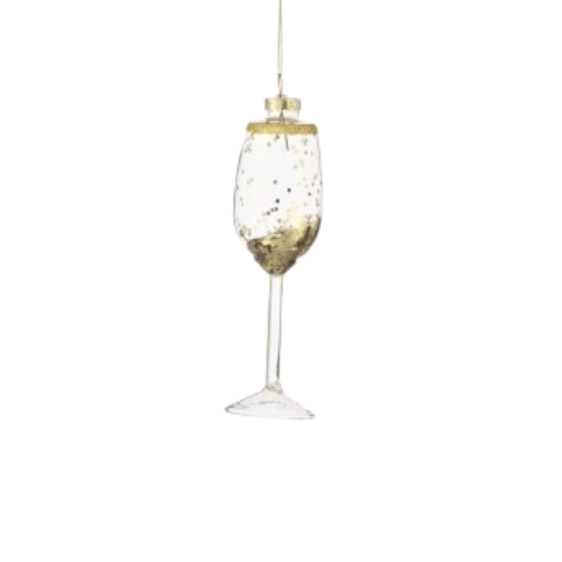 Glass champagne flute ornament with gold glitter rim and gold confetti inside.