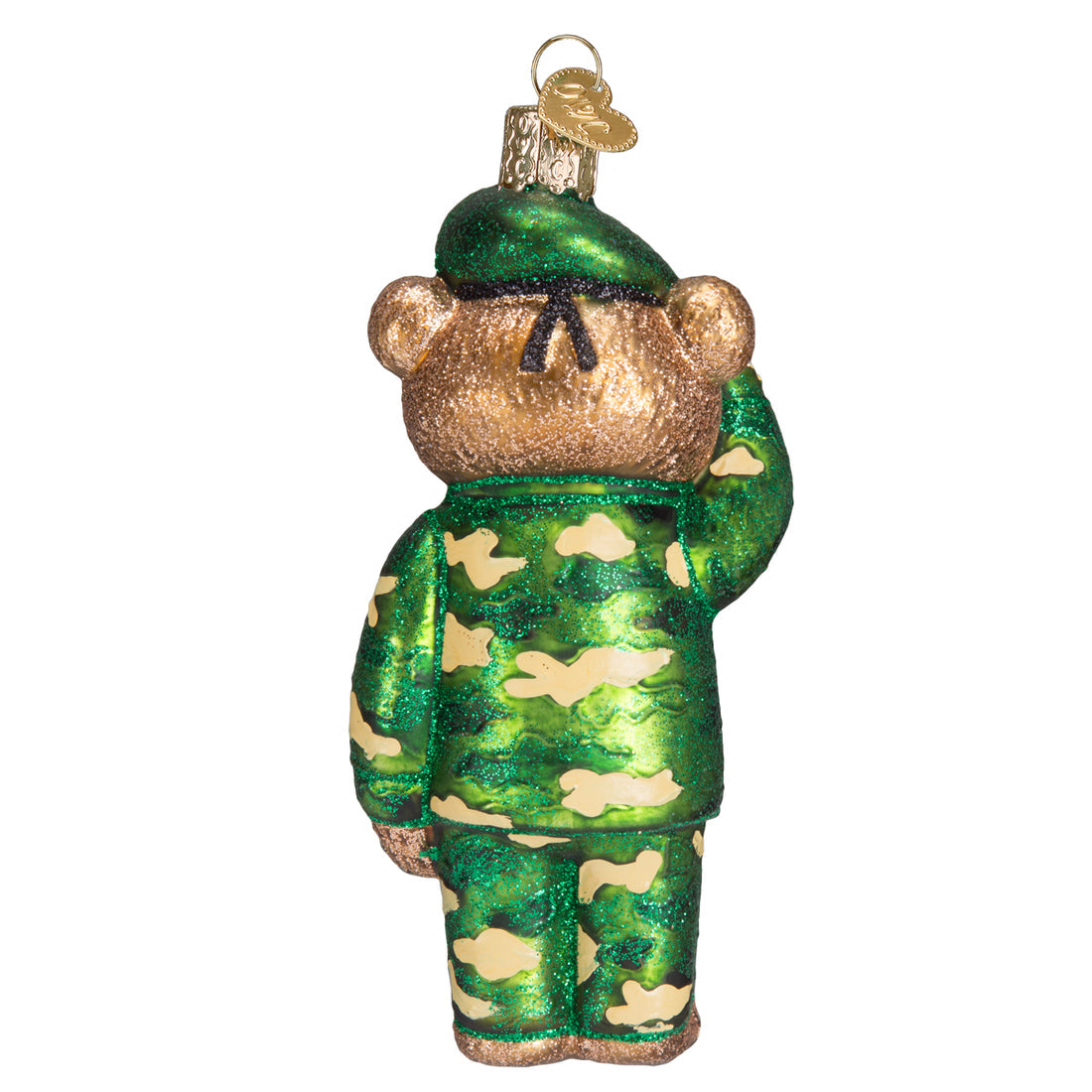 Glittery glass Army Bear ornament in green camouflage uniform saluting from behind.
