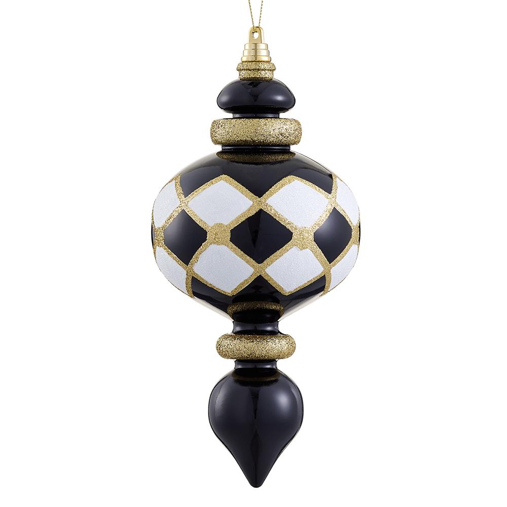 8.5-inch black and white plastic finial ornament with gold glitter accents and diamond pattern.