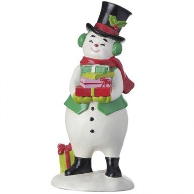 8.5-inch resin snowman figurine wearing a top hat and scarf, holding a stack of colorful packages.