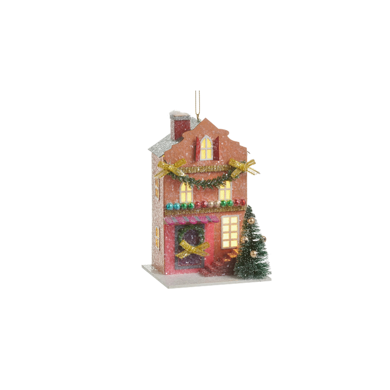 5.5-inch lighted paper house ornament with glitter, gold bows, and a small sisal Christmas tree.