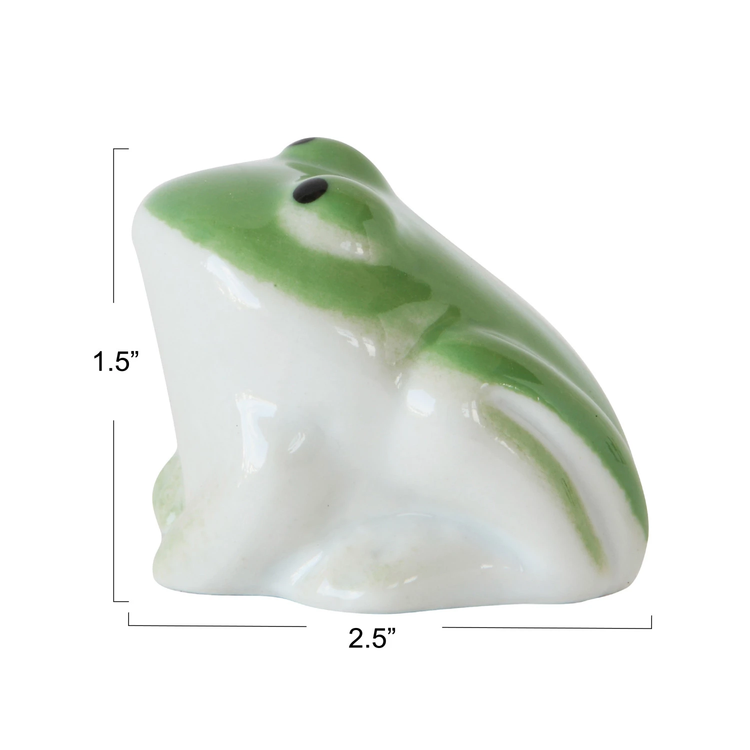 Green and white stoneware floating frog figurine measuring 1.5 inches high and 2.5 inches long.
