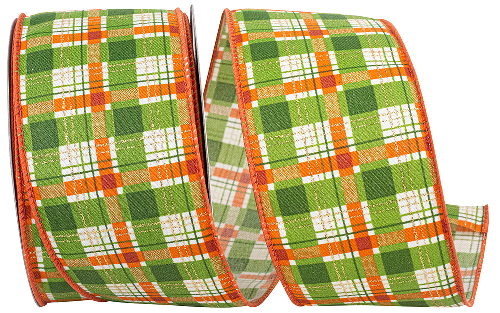 Two-and-a-half-inch wide moss green polyester wired edge ribbon with a plaid tonal season glitter pattern.