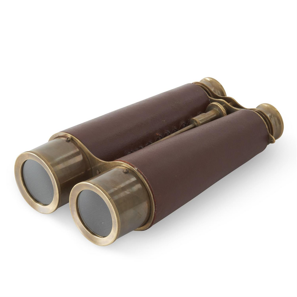 8.25 inch brass binoculars with brown vegan leather wrapping and vintage design.