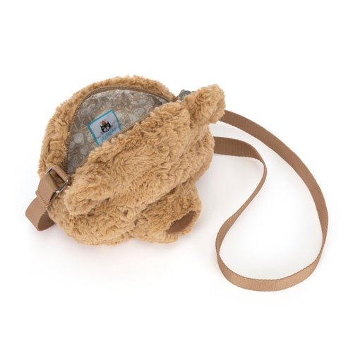Open Bartholomew Bear Shoulder Bag in honey brown plush with a long strap and patterned lining.