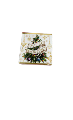 Small square soap box featuring a Christmas tree and a banner reading Merry Christmas.