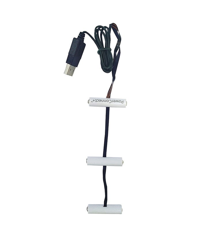 USB PowerConnect+ 3 AAA battery converter with USB plug and three white battery-shaped connectors.