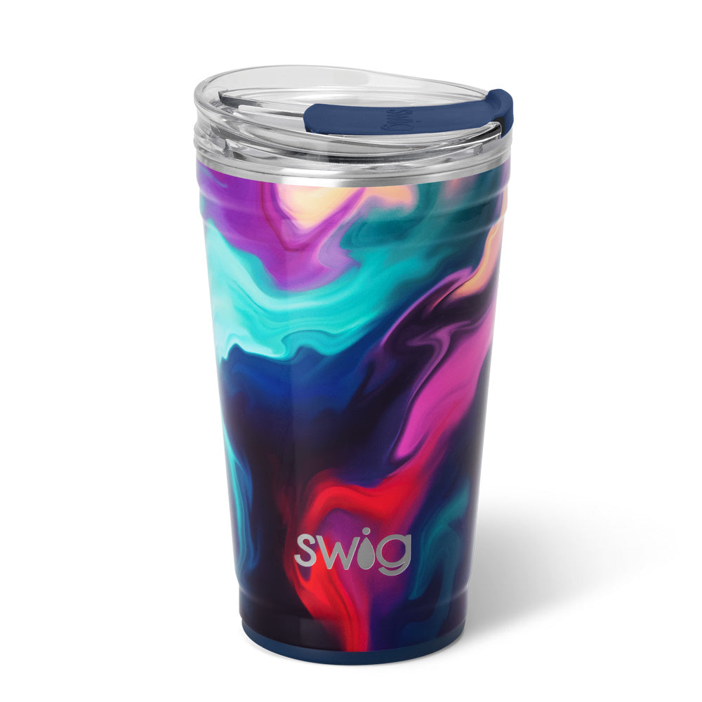 24oz insulated stainless steel party cup with a colorful abstract swirl pattern and slider lid.