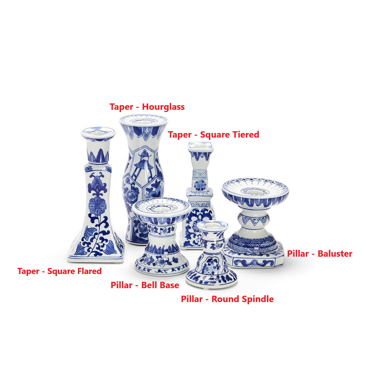 Hand-painted blue and white ceramic Canton candleholders in six assorted traditional styles.