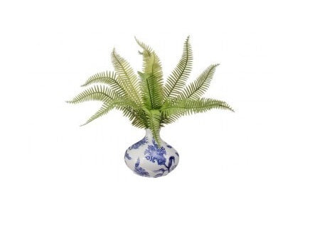 Natural fern ceramic vase with plastic accents in a curved silhouette.