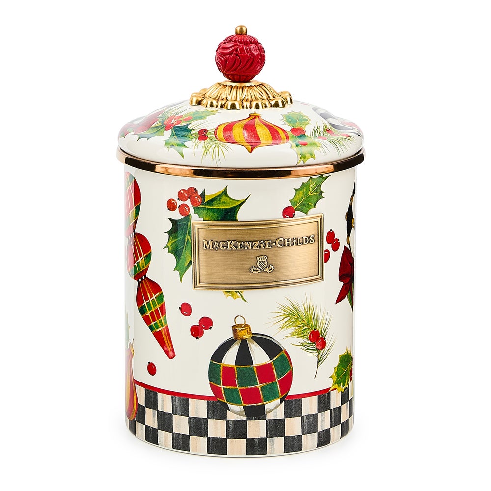 Hand-glazed steel canister with bronzed stainless rim and resin finial lid.