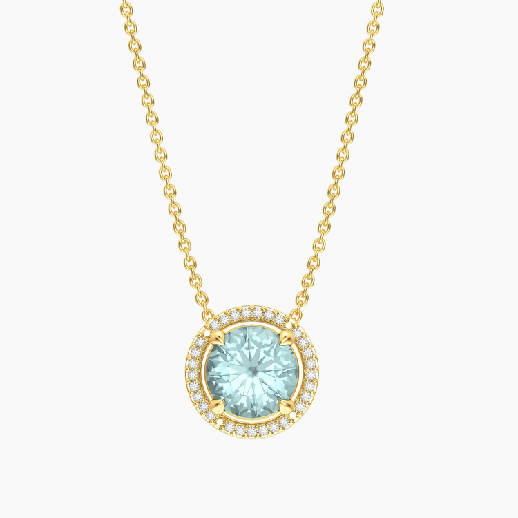 Gold-plated birthstone pendant necklace with a round light blue center stone and diamond halo.