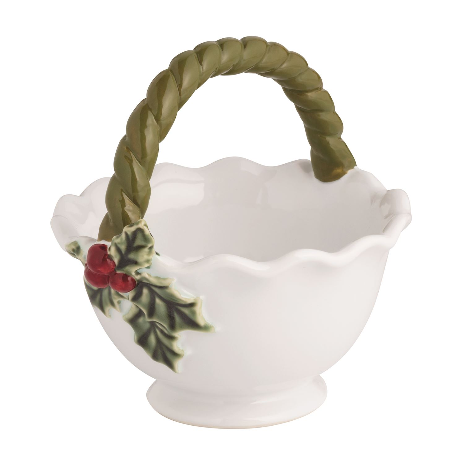 White stoneware candy bowl with a green twisted handle and holly berry attachment.
