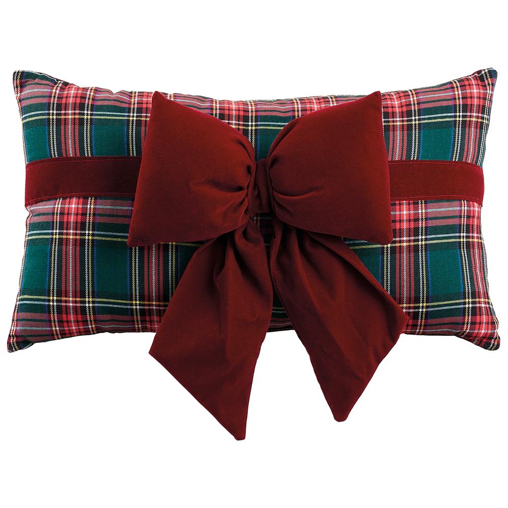 Rectangular red and green plaid pillow featuring a large decorative red velvet bow in the center.