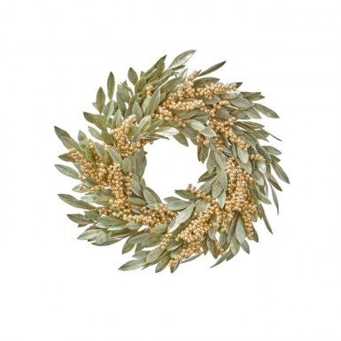28-inch wreath featuring shimmering gold berries and elegant green bay leaves on a white background.
