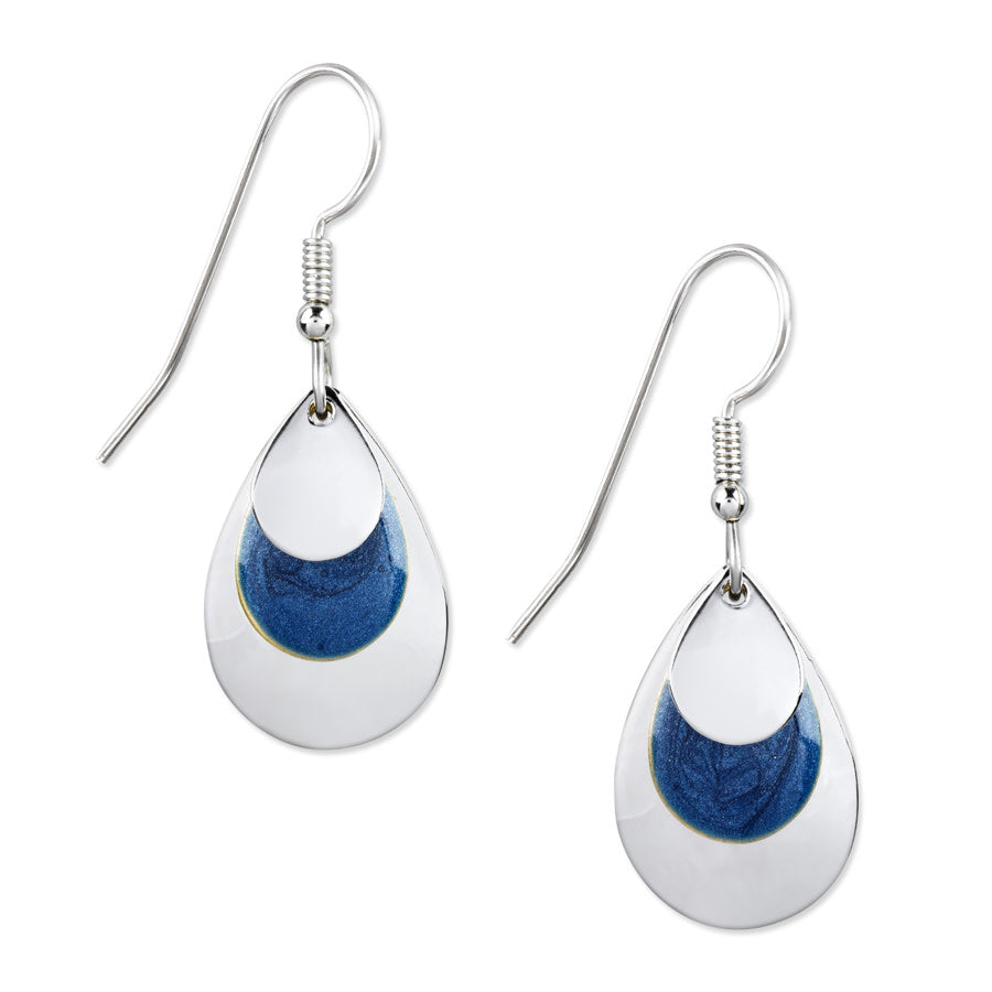 Silver Blue Evening Rain teardrop earrings with layered silver and blue enamel accents.