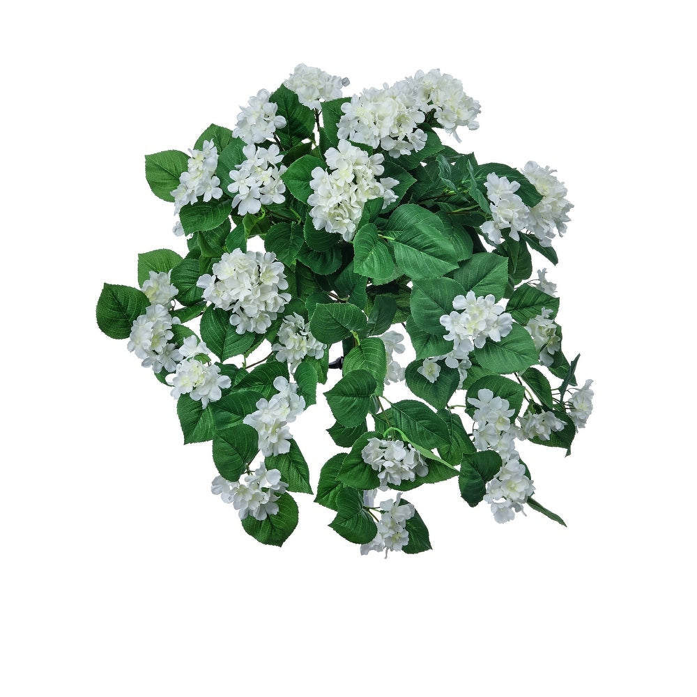 27-inch UV-resistant artificial hanging hydrangea plant with white flowers and green leaves.