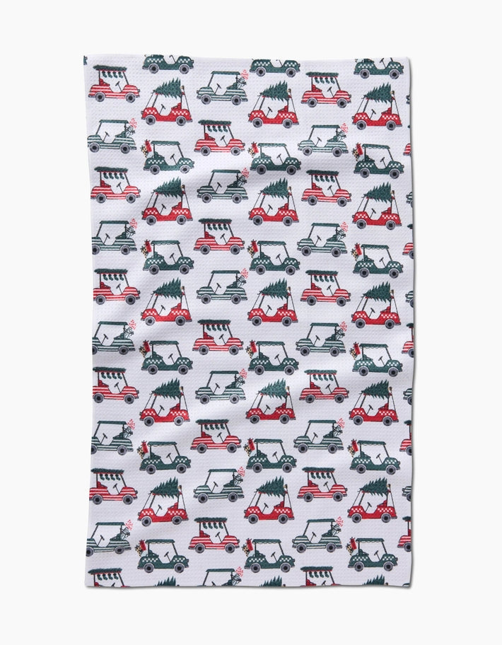 Holiday-themed kitchen tea towel with waffle weave texture in red and white.