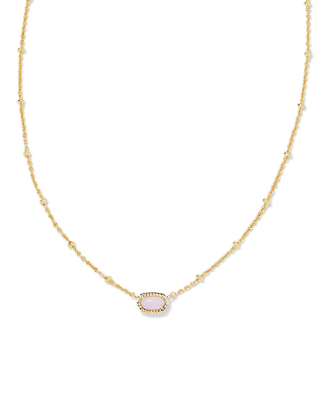 Mini Elisa Satellite Short Pendant Gold Necklace with a small pink oval stone on a beaded chain.