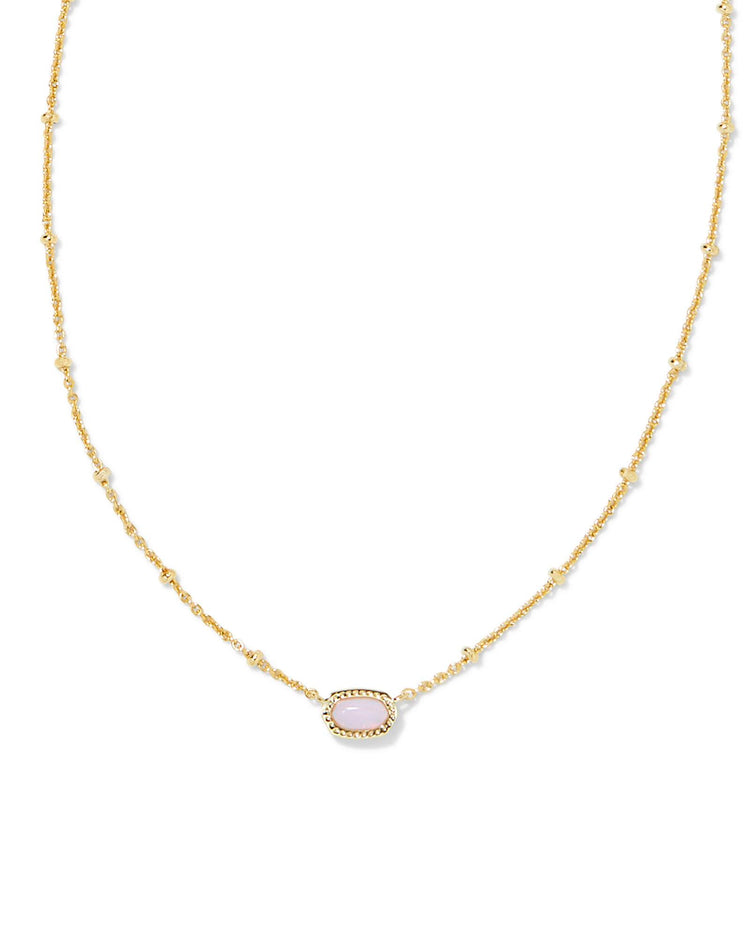 Mini Elisa Satellite Short Pendant Gold Necklace with a small pink oval stone on a beaded chain.