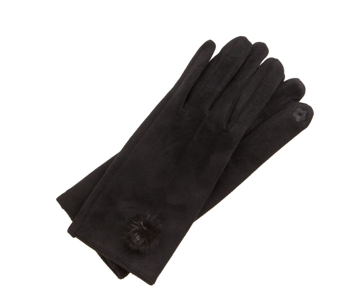 Black Ultrasuede touchscreen gloves with a fur ball detail on the fingertips.