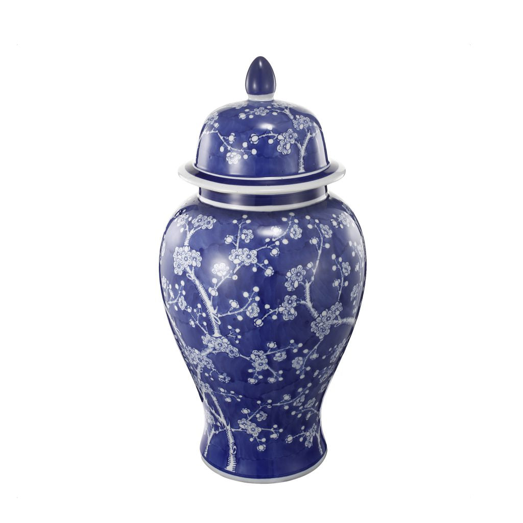 Tall cylindrical porcelain ginger jar featuring a traditional cherry blossom floral pattern in soft pink and white tones.