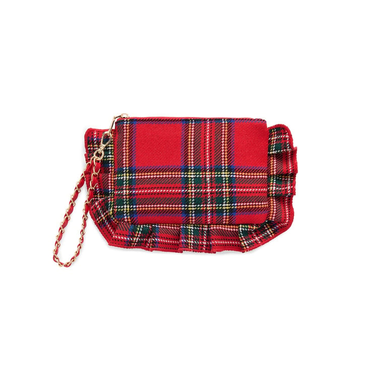 Red plaid Scottie Ruffle Wristlet with a gold-tone chain strap and ruffled fabric trim.