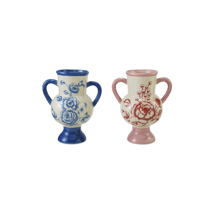 Two hand-painted stoneware vases with floral designs in blue and pink, sold individually.